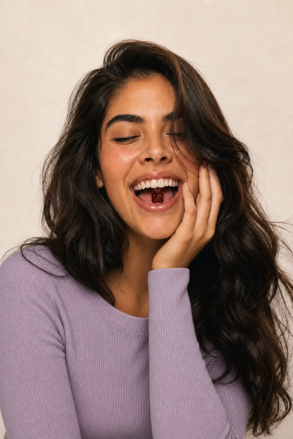 Mujer sonriente con cabello largo y brillante mordiendo una gummy de osito borgoña
